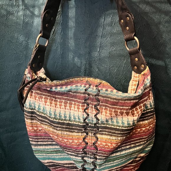 Roxy Vintage Hobo Bag Tribal Print Leather Straps Metal Rings - Picture 6 of 6